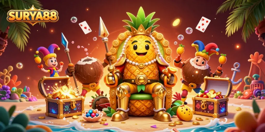 SURYA88 showcases an engaging scene with a golden pineapple king, casino elements, and dynamic gaming visuals.