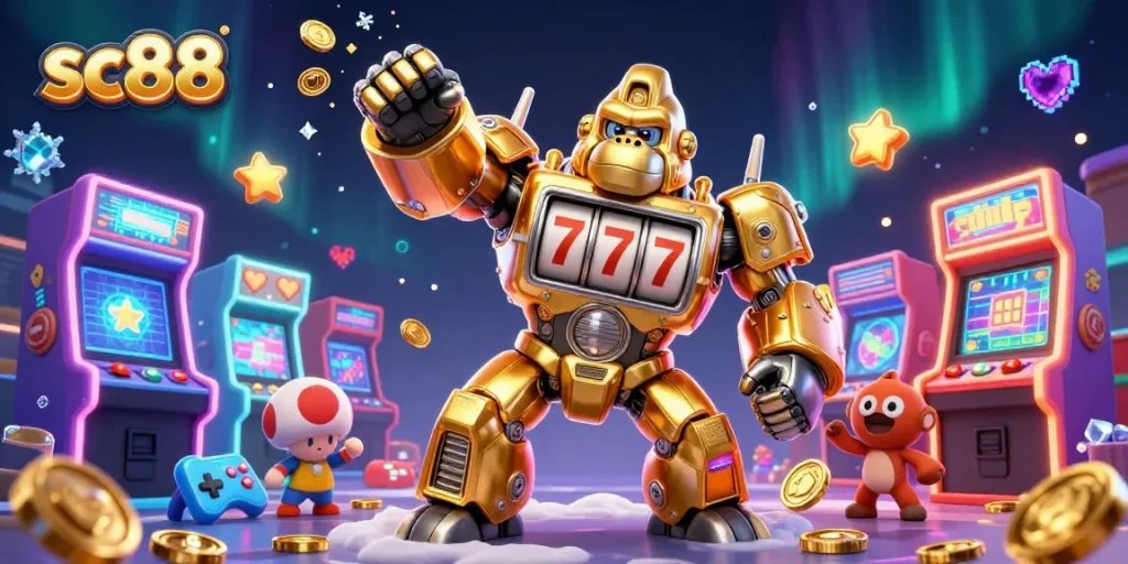 Experience exhilarating gameplay with sc88's golden mech gorilla smashing coins in this vibrant 3D illustration.