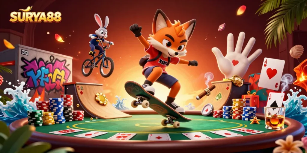 SURYA88 sparks winning excitement with a cartoon fox and rabbit in a vibrant casino scene!