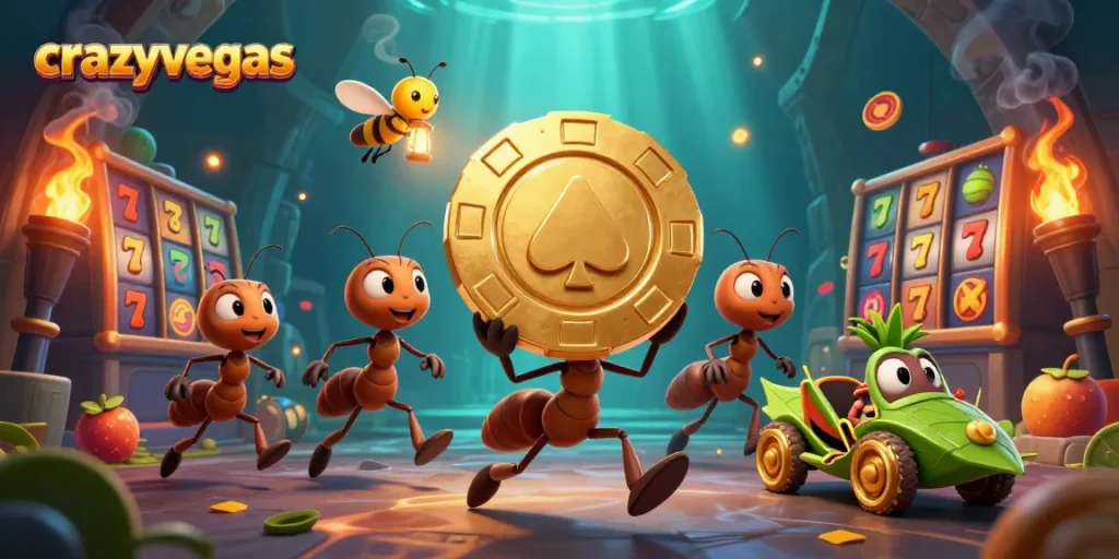 Join the crazyvegas team of ants in a thrilling casino heist with golden poker chips!